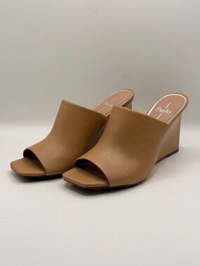 Linea Paolo Glitz Slip On LeatherDesert Tan Wedge Heel Sandal Sz 9.5